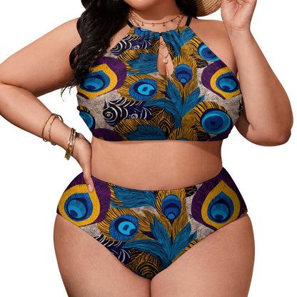 Plus Size Women's Two piece Swimsuit with High Neck Halter Top BK2040 (All-Over Printing)