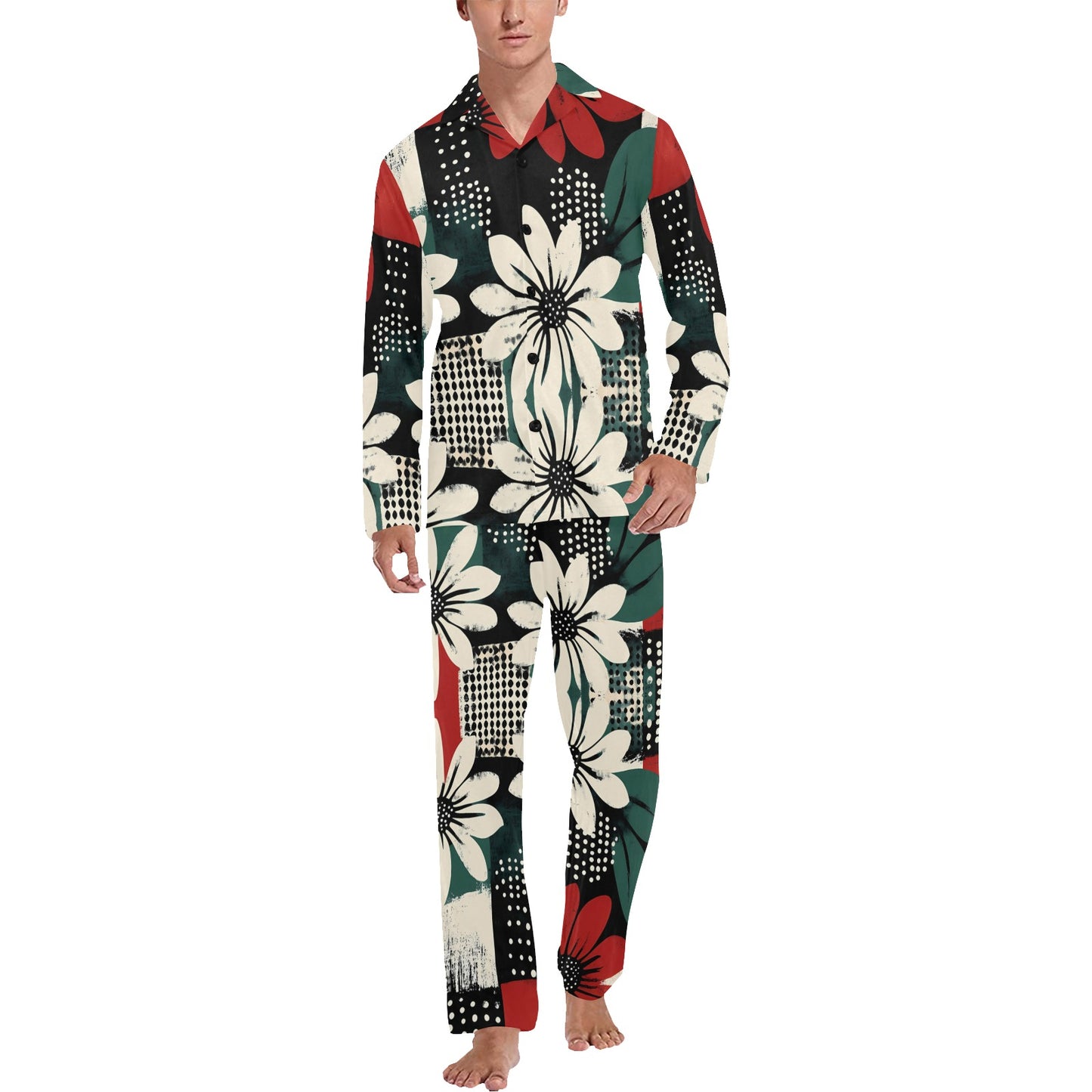 Geometric and Floral Pattern Men's Pajama Set Men's V-Neck Long Pajama Set