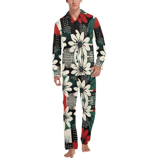 Geometric and Floral Pattern Men's Pajama Set Men's V-Neck Long Pajama Set