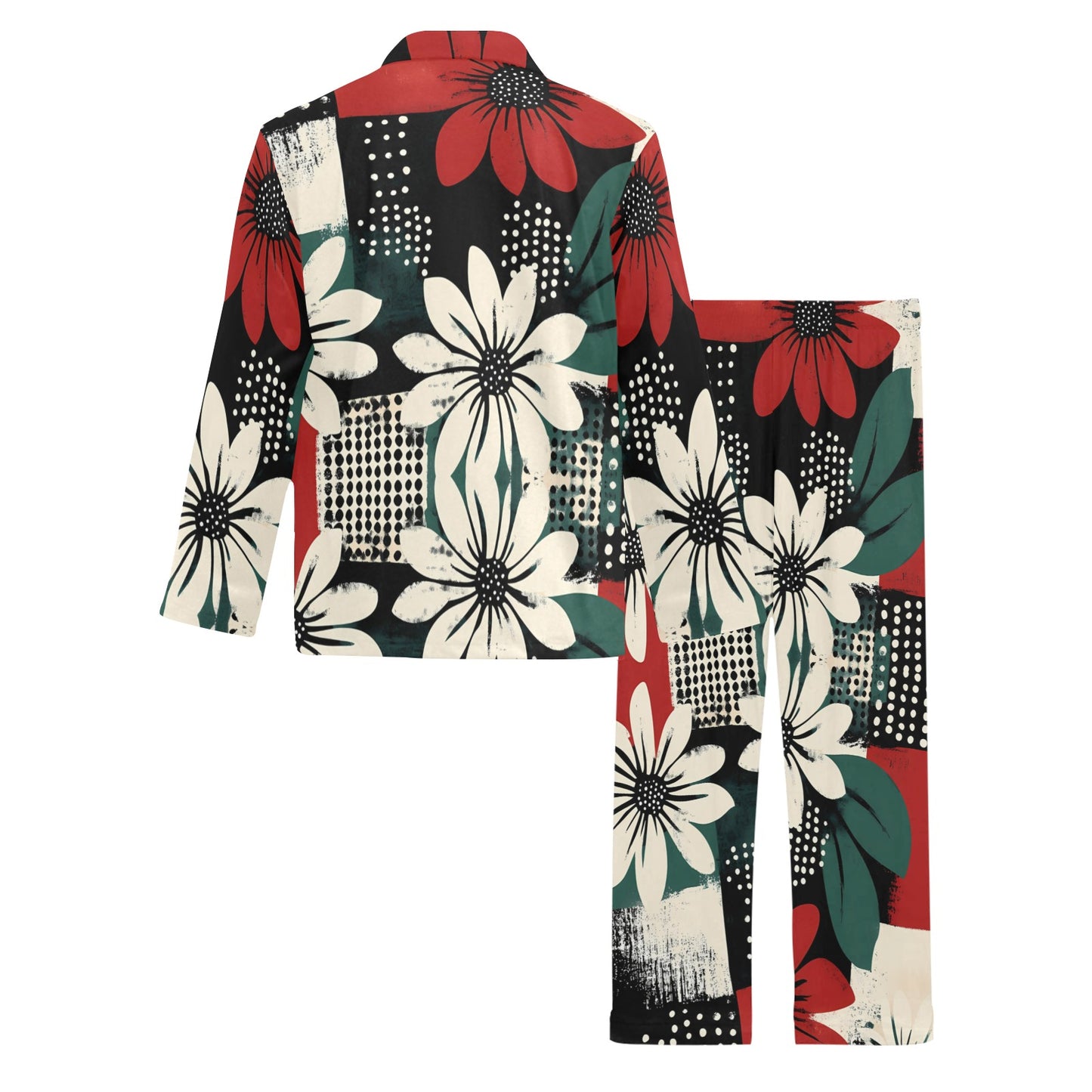 Geometric and Floral Pattern Men's Pajama Set Men's V-Neck Long Pajama Set