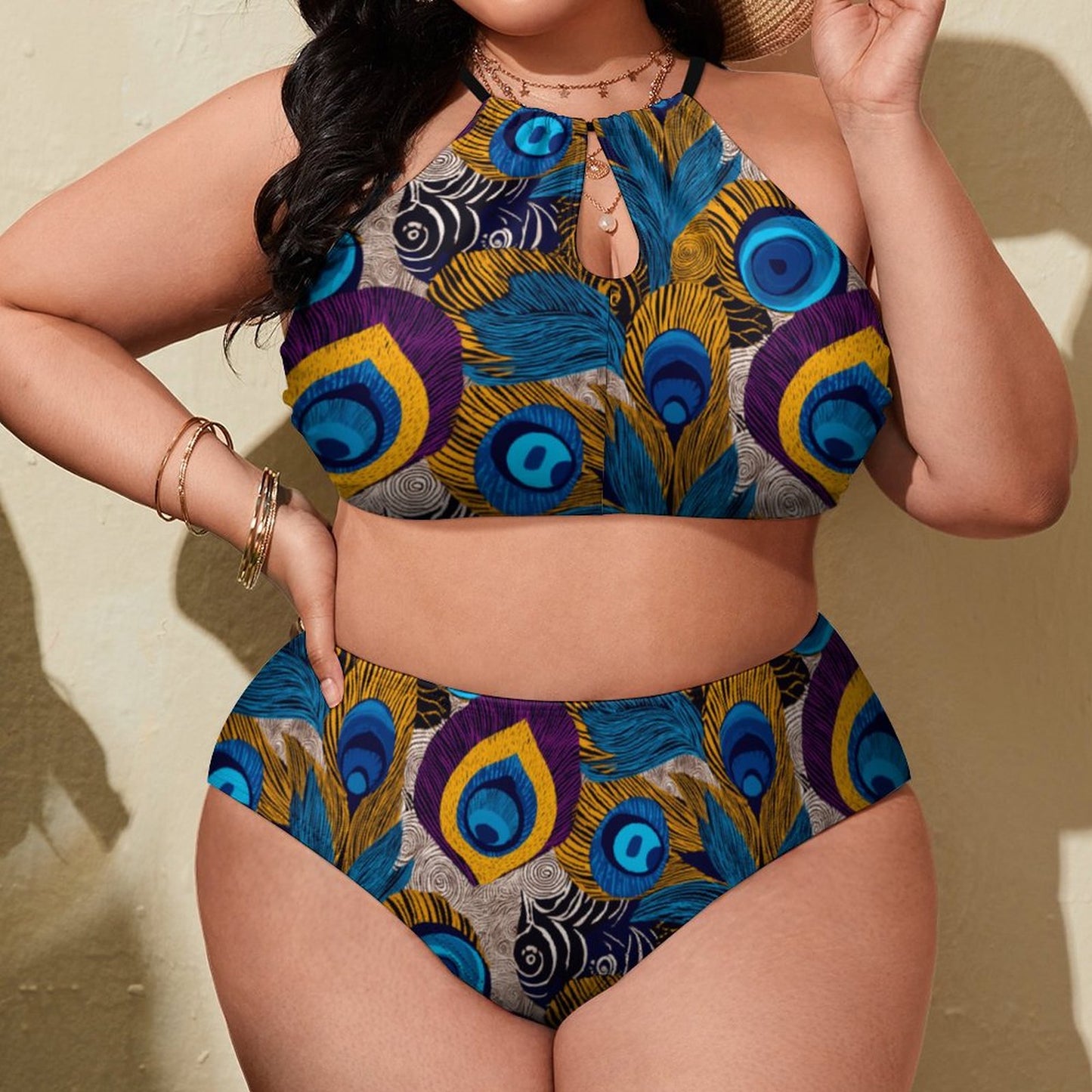 Plus Size Women's Two piece Swimsuit with High Neck Halter Top BK2040 (All-Over Printing)