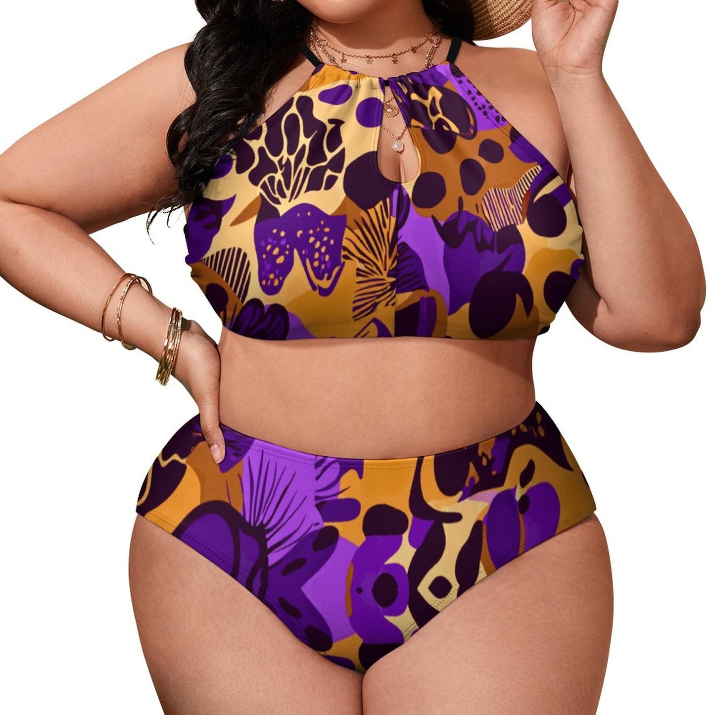 Plus Size Women's Two piece Swimsuit with High Neck Halter Top BK2040 (All-Over Printing)