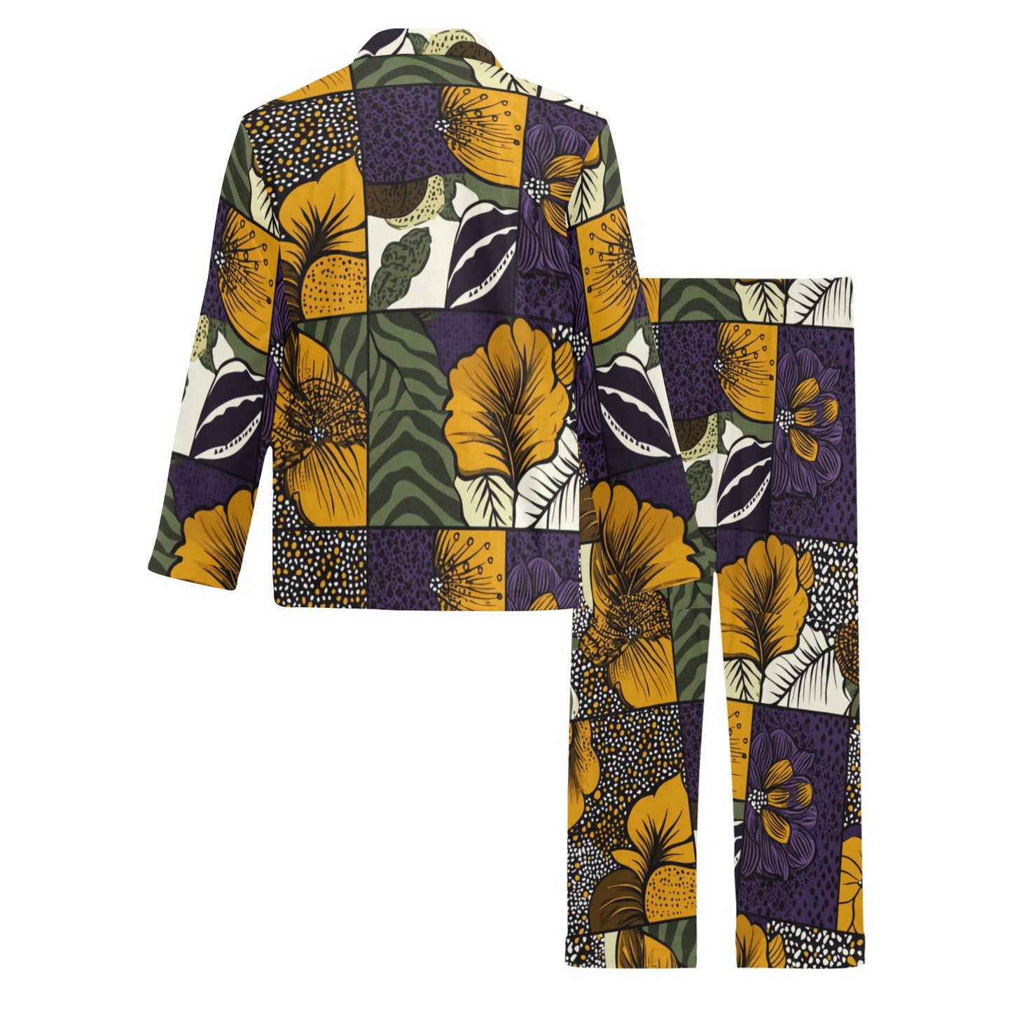 Geometric and Floral Pattern Men's Pajama Set Men's V-Neck Long Pajama Set