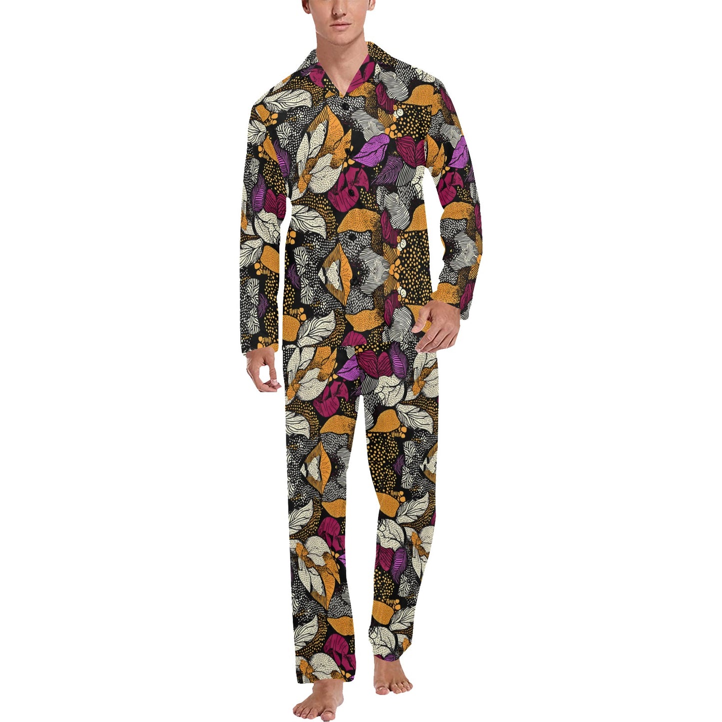 Floral Pattern Men's Pajama Set Men's V-Neck Long Pajama Set