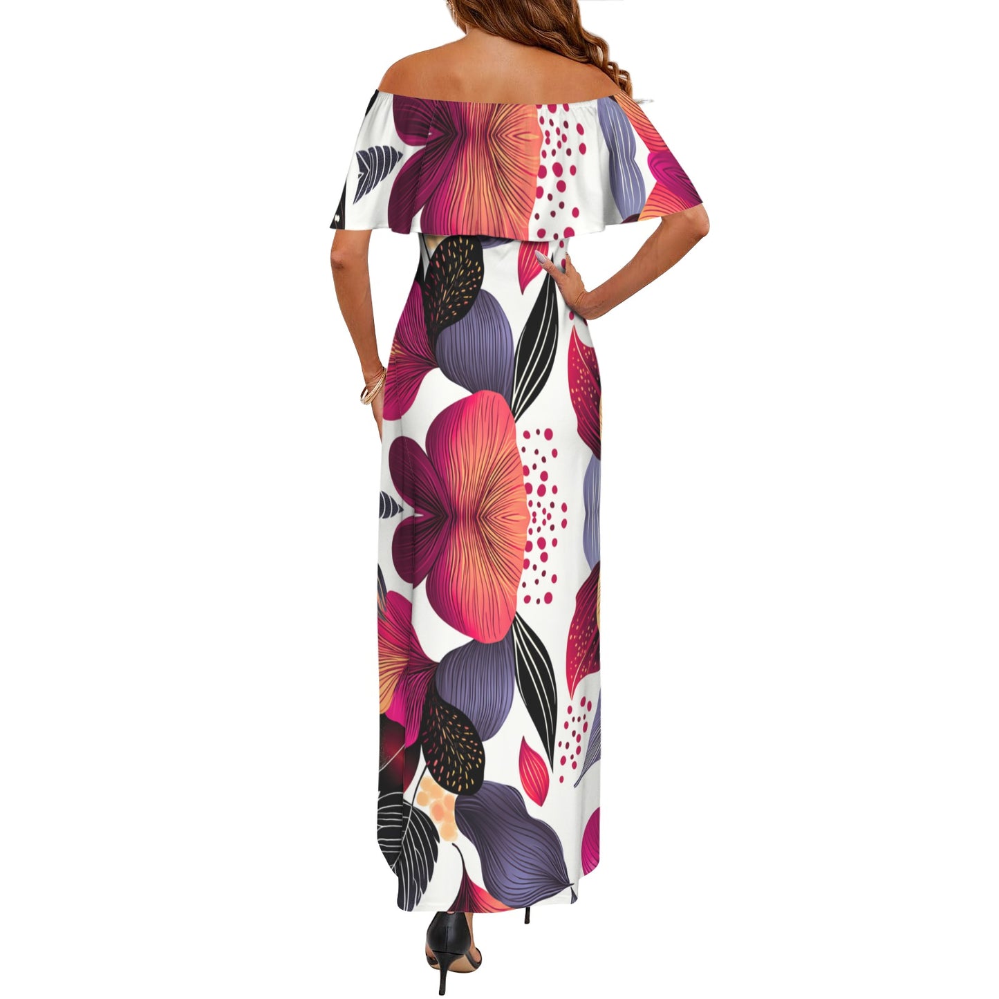 Floral Pattern Off The Shoulder Maxi-Dress Women's Off Shoulder Ruffle Boat Neck Dress (Model D71)