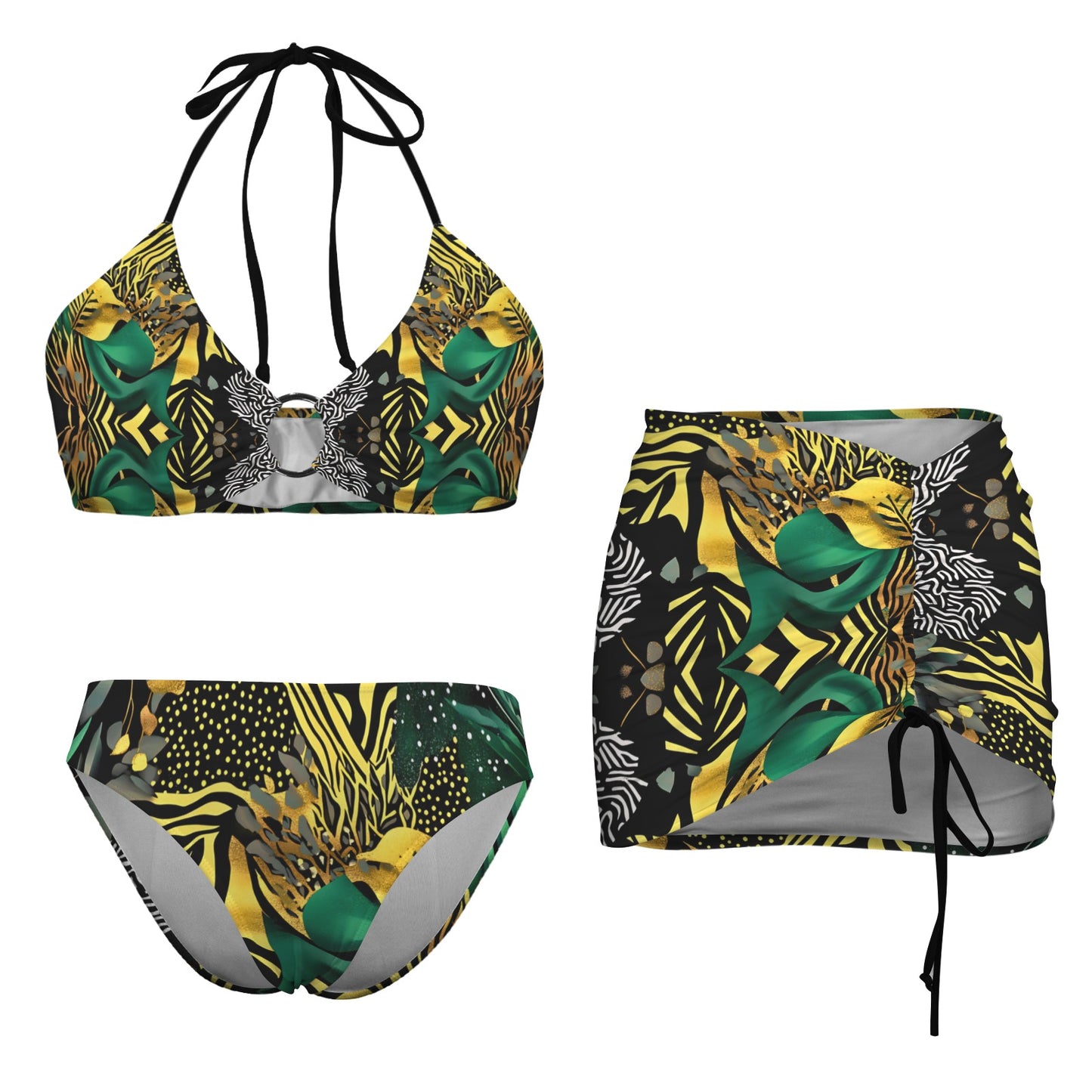 Golden Zebra Drawstring Halterneck Three-Piece Swimsuit Skirt Drawstring Halterneck Three-Piece Swimsuit Skirt