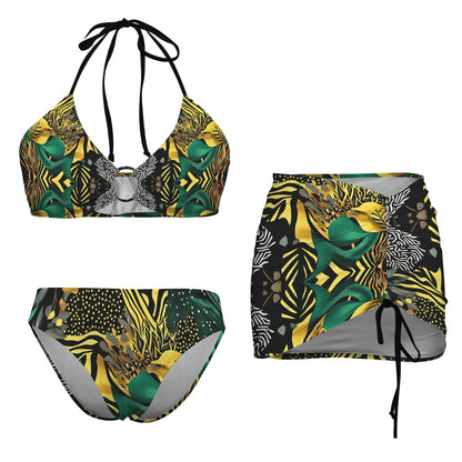 Golden Zebra Drawstring Halterneck Three-Piece Swimsuit Skirt Drawstring Halterneck Three-Piece Swimsuit Skirt