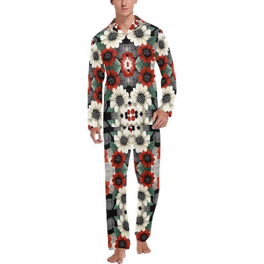 Floral Pattern Men's Pajama Set Men's V-Neck Long Pajama Set
