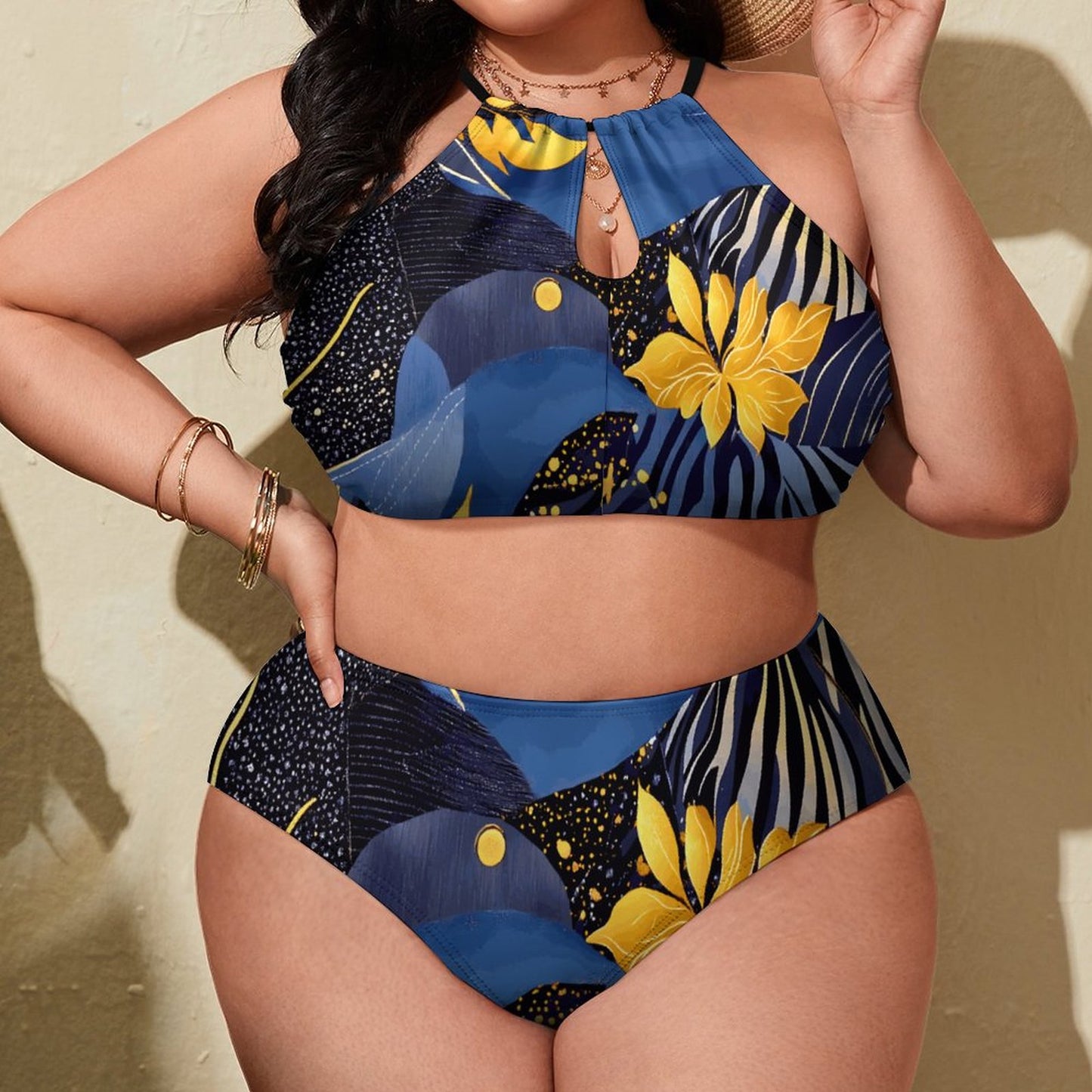 Plus Size Women's Two piece Swimsuit with High Neck Halter Top BK2040 (All-Over Printing)