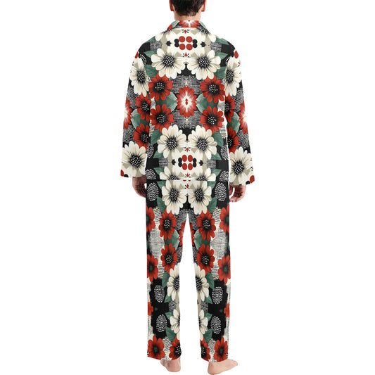 Floral Pattern Men's Pajama Set Men's V-Neck Long Pajama Set