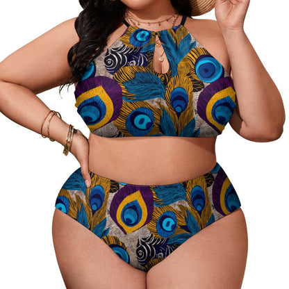 Plus Size Women's Two piece Swimsuit with High Neck Halter Top BK2040 (All-Over Printing)