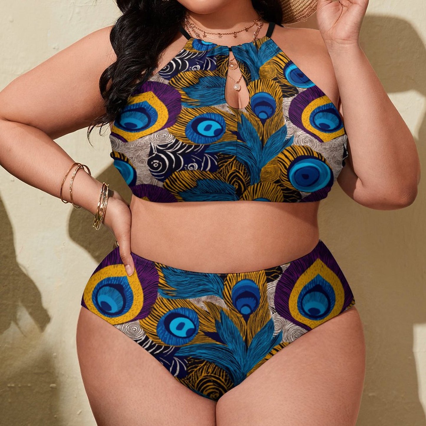 Plus Size Women's Two piece Swimsuit with High Neck Halter Top BK2040 (All-Over Printing)