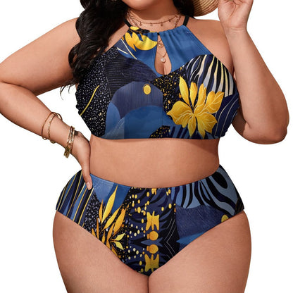 Plus Size Women's Two piece Swimsuit with High Neck Halter Top BK2040 (All-Over Printing)