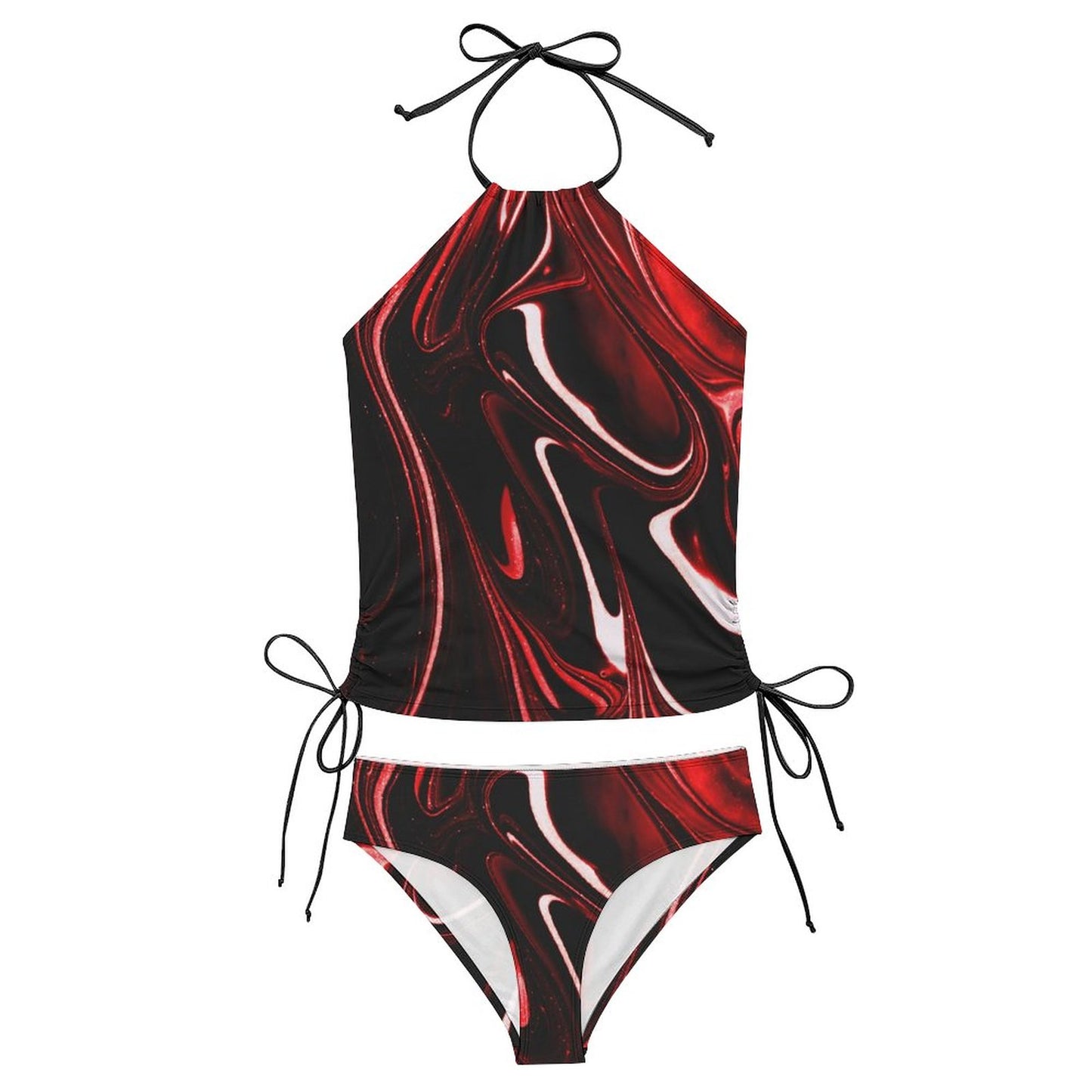 Red, Black and White Swirl Pattern 2-Piece Women's Tankini Set with High Neck Halter Top F145kA01 (All-Over Printing)