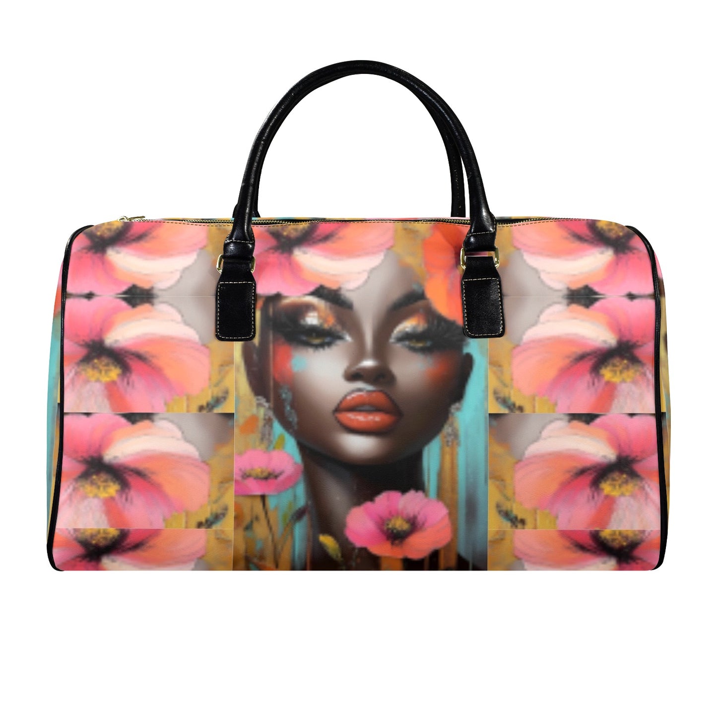 Floral AfroCentric Travel Bags Leather Travel Bag-Large (Short Patch) (1735)