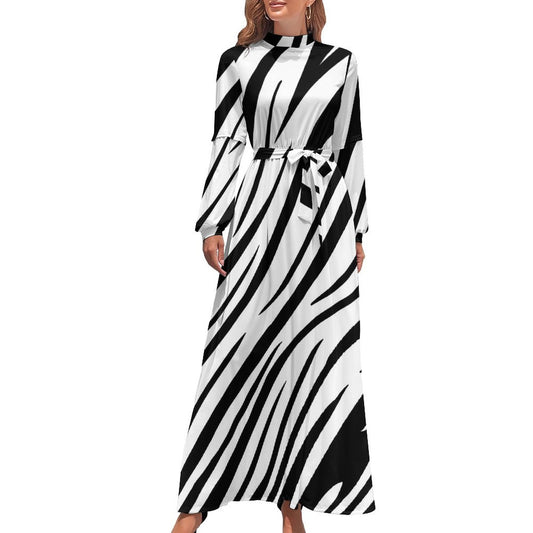 Zebra Pattern Turtle Neck Long Dress for WomenxQ (All-Over Printing)