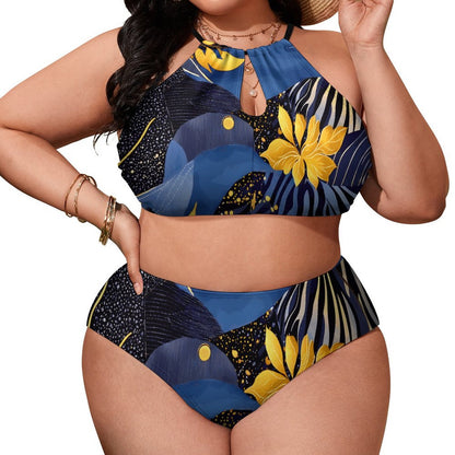 Plus Size Women's Two piece Swimsuit with High Neck Halter Top BK2040 (All-Over Printing)