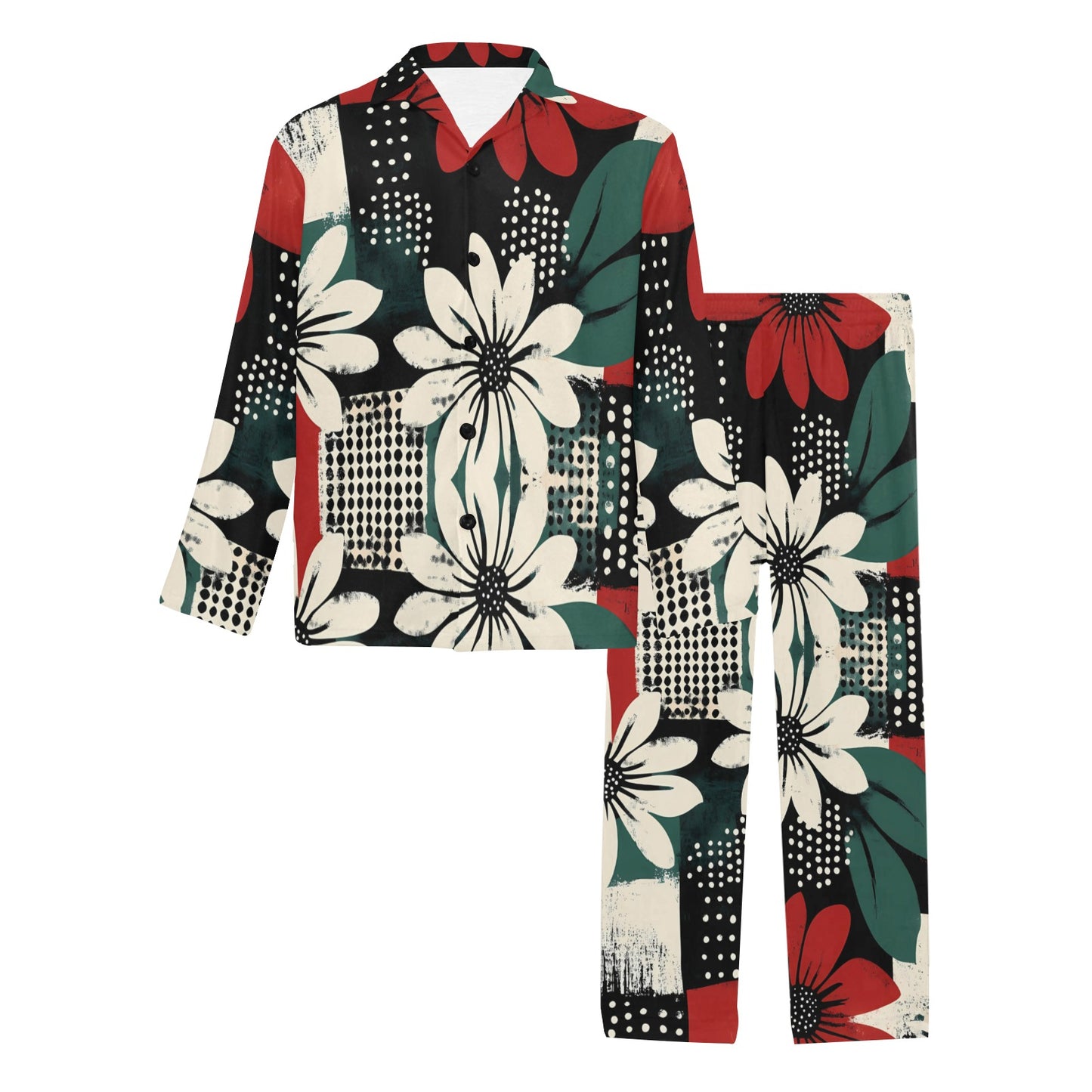 Geometric and Floral Pattern Men's Pajama Set Men's V-Neck Long Pajama Set