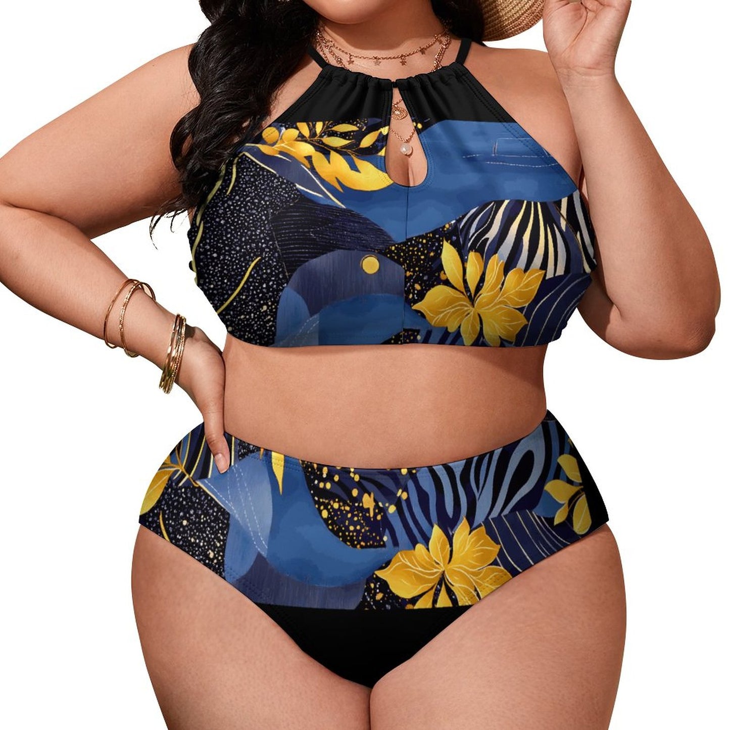 Plus Size Women's Two piece Swimsuit with High Neck Halter Top BK2040 (All-Over Printing)