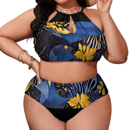 Plus Size Women's Two piece Swimsuit with High Neck Halter Top BK2040 (All-Over Printing)