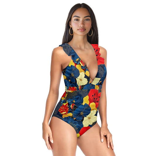 Women's Ruffled Lace Up One-Piece Swimsuit