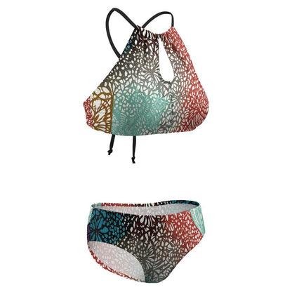 Women's Abstract Two piece Swimsuit with High Neck Halter Top BK2040 (All-Over Printing)
