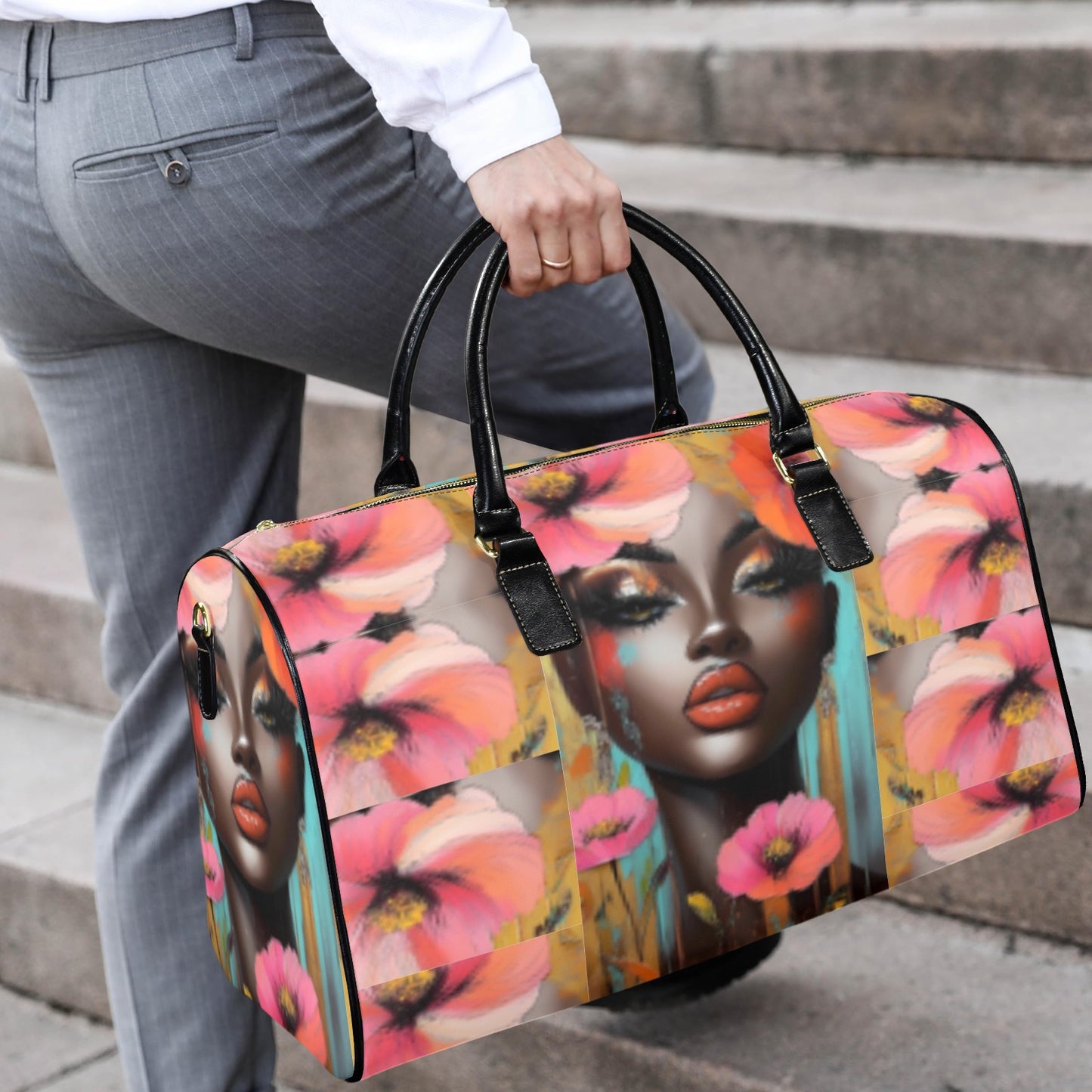 Floral AfroCentric Travel Bags Leather Travel Bag-Large (Short Patch) (1735)