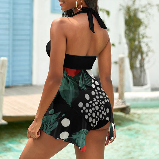 Black Leopard Print Split Skirt Swimsuit