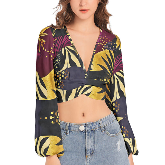 Women's Deep V-Neck Lantern Sleeve Crop Top