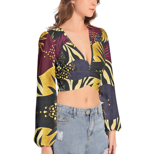 Women's Deep V-Neck Lantern Sleeve Crop Top