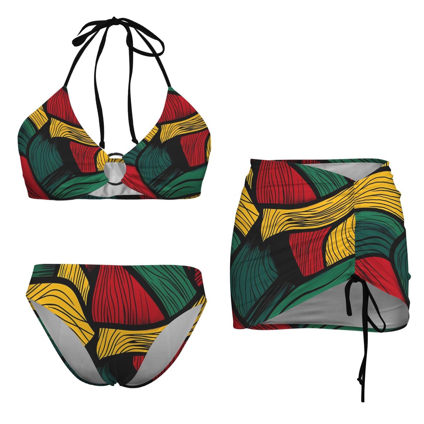 Cultural Elegance Drawstring Halterneck Three-Piece Swimsuit Skirt Drawstring Halterneck Three-Piece Swimsuit Skirt