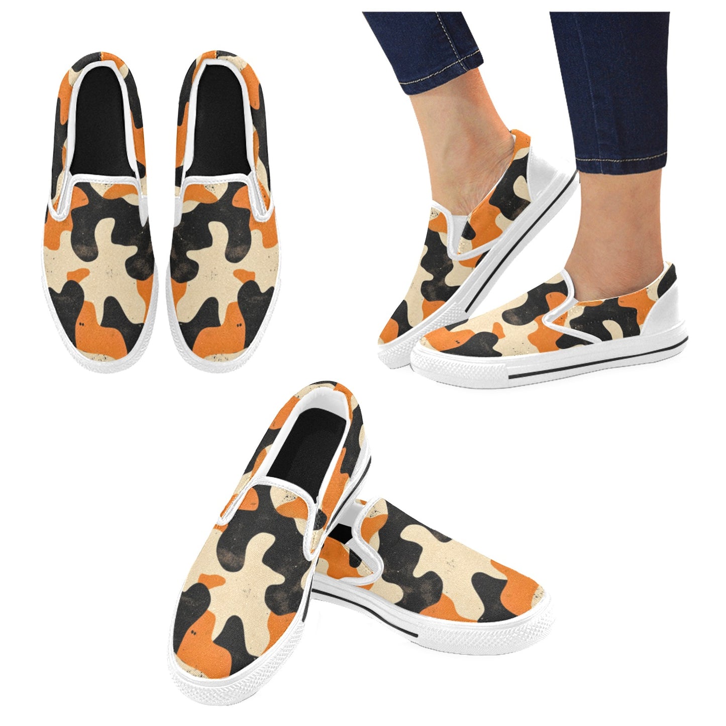Orange Camo Pattern Kid's Slip On Shoes Slip-on Canvas Shoes for Kid (Model 019)