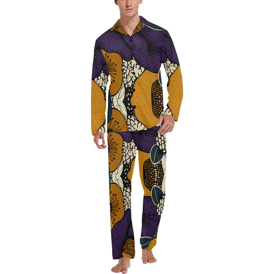Geometric and Floral Pattern Men's Pajama Set Men's V-Neck Long Pajama Set