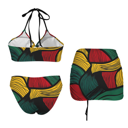 Cultural Elegance Drawstring Halterneck Three-Piece Swimsuit Skirt Drawstring Halterneck Three-Piece Swimsuit Skirt