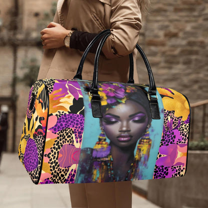 Purple and Gold AfroCentric Travel Bag Leather Travel Bag-Large (Short Patch) (1735)