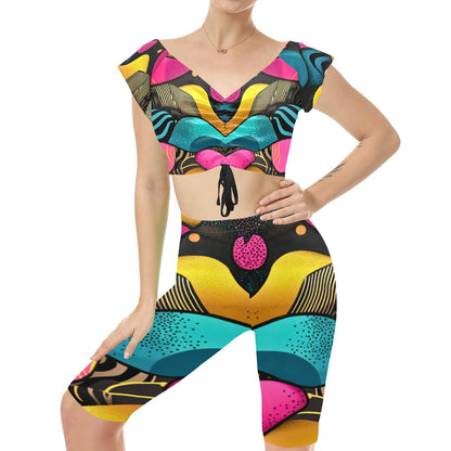 Vibrant Geometric Pattern Yoga Set Women's Crop Top Yoga Set