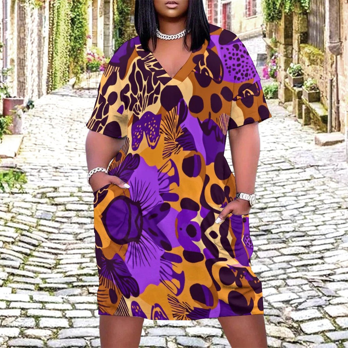 V-Neck Baggy Dress with Pocket LQ