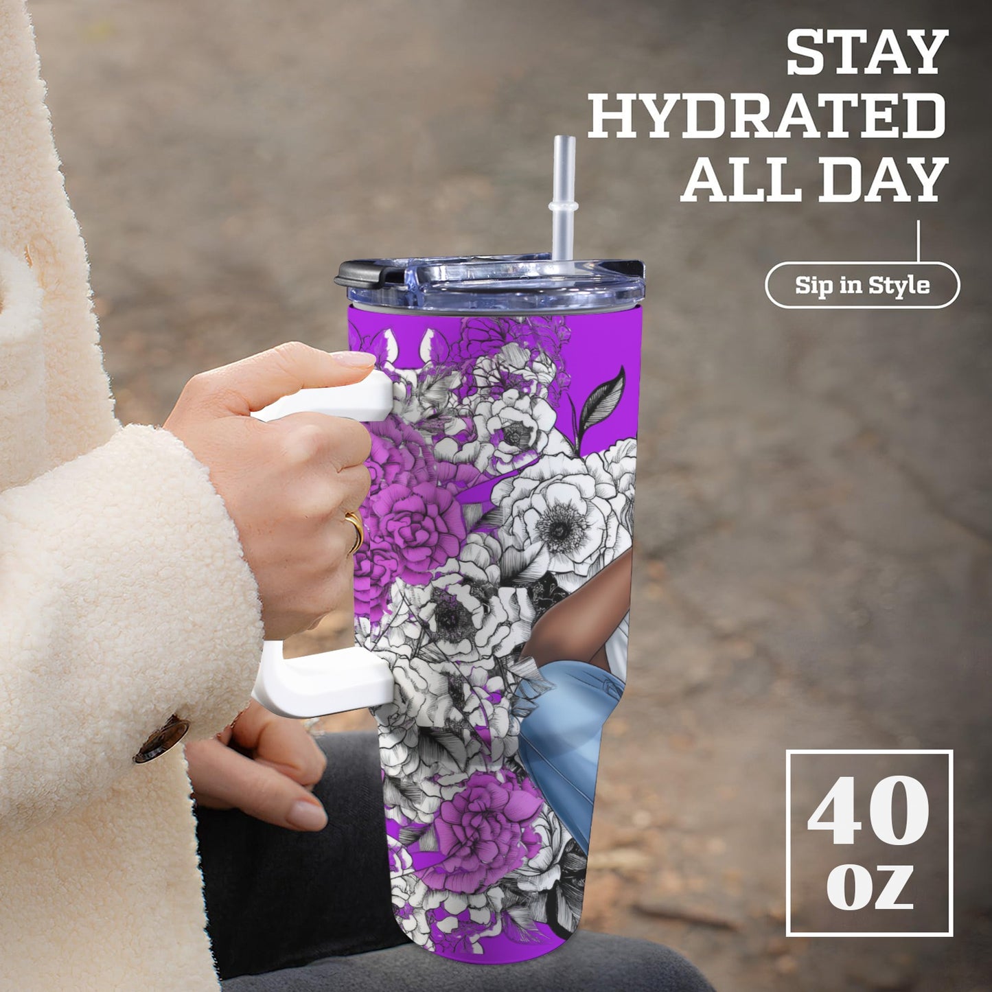 Floral Beauty 40 oz Tumbler With White Handle 40oz Tumbler with White Handle