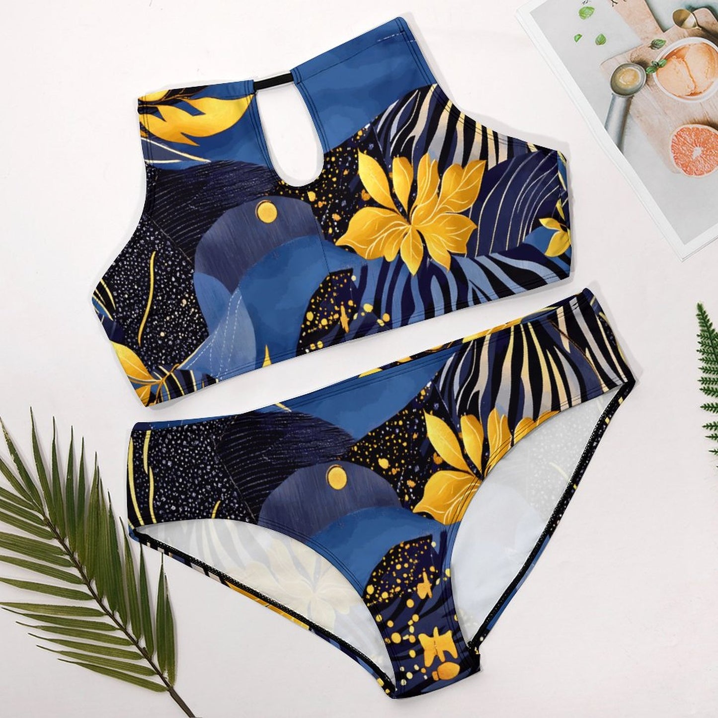 Plus Size Women's Two piece Swimsuit with High Neck Halter Top BK2040 (All-Over Printing)