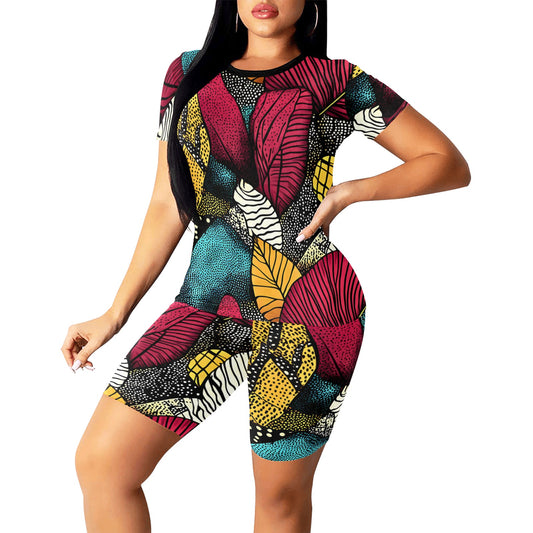 Colorful Floral Illustrated Flowers Yoga Set Women's Short Yoga Set