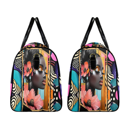Floral and Peach AfroCentric Travel Bag Leather Travel Bag-Large (Short Patch) (1735)