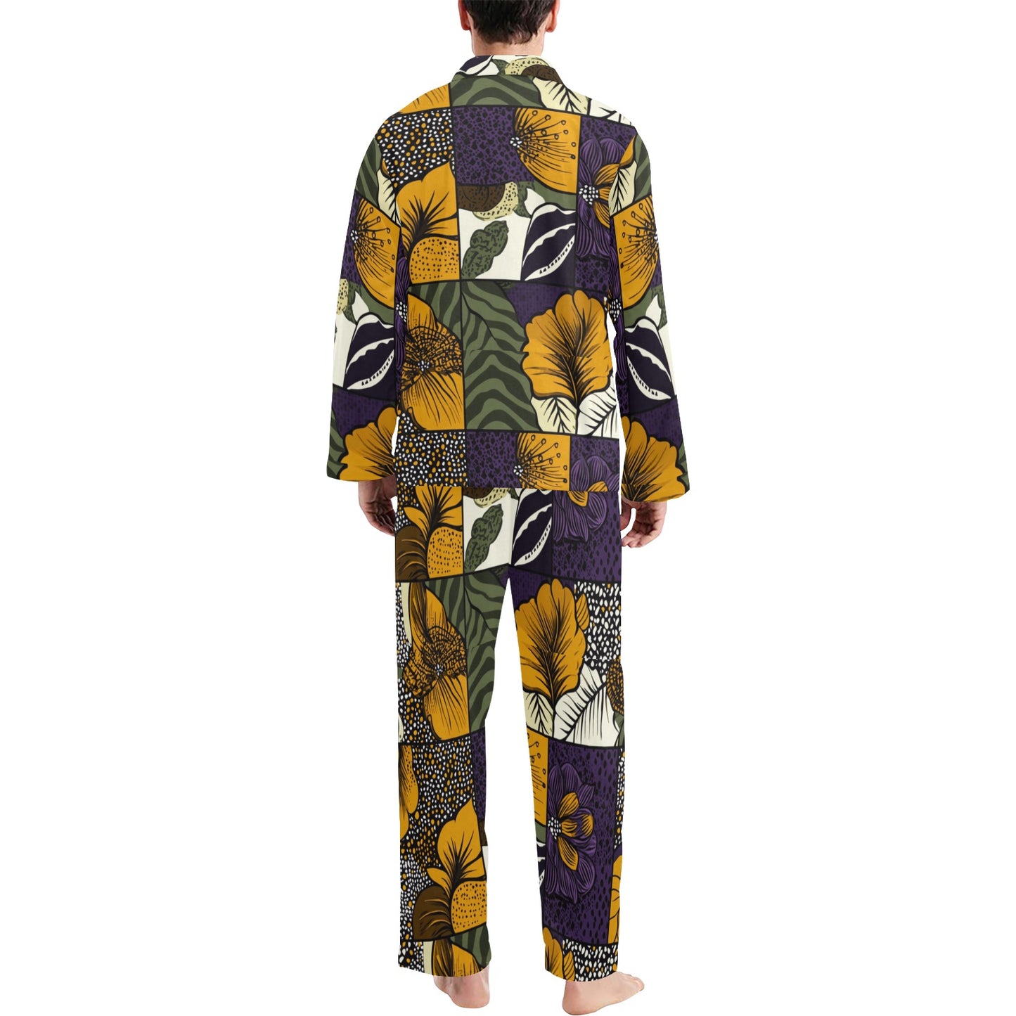 Geometric and Floral Pattern Men's Pajama Set Men's V-Neck Long Pajama Set