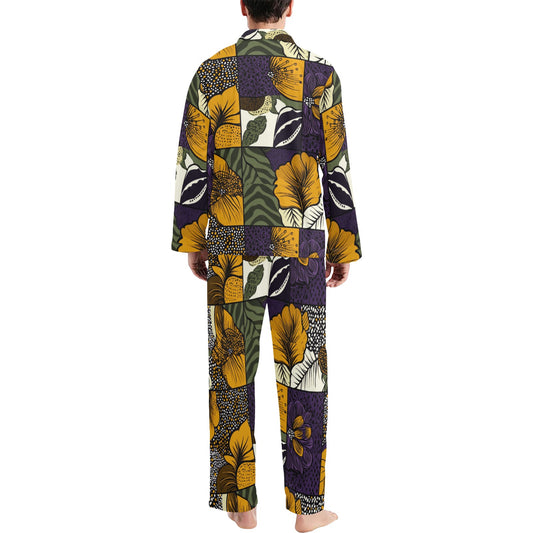 Geometric and Floral Pattern Men's Pajama Set Men's V-Neck Long Pajama Set