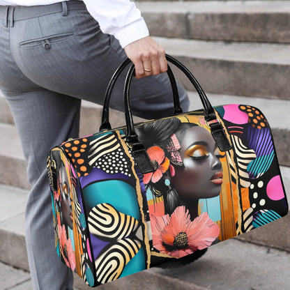 Floral and Peach AfroCentric Travel Bag Leather Travel Bag-Large (Short Patch) (1735)