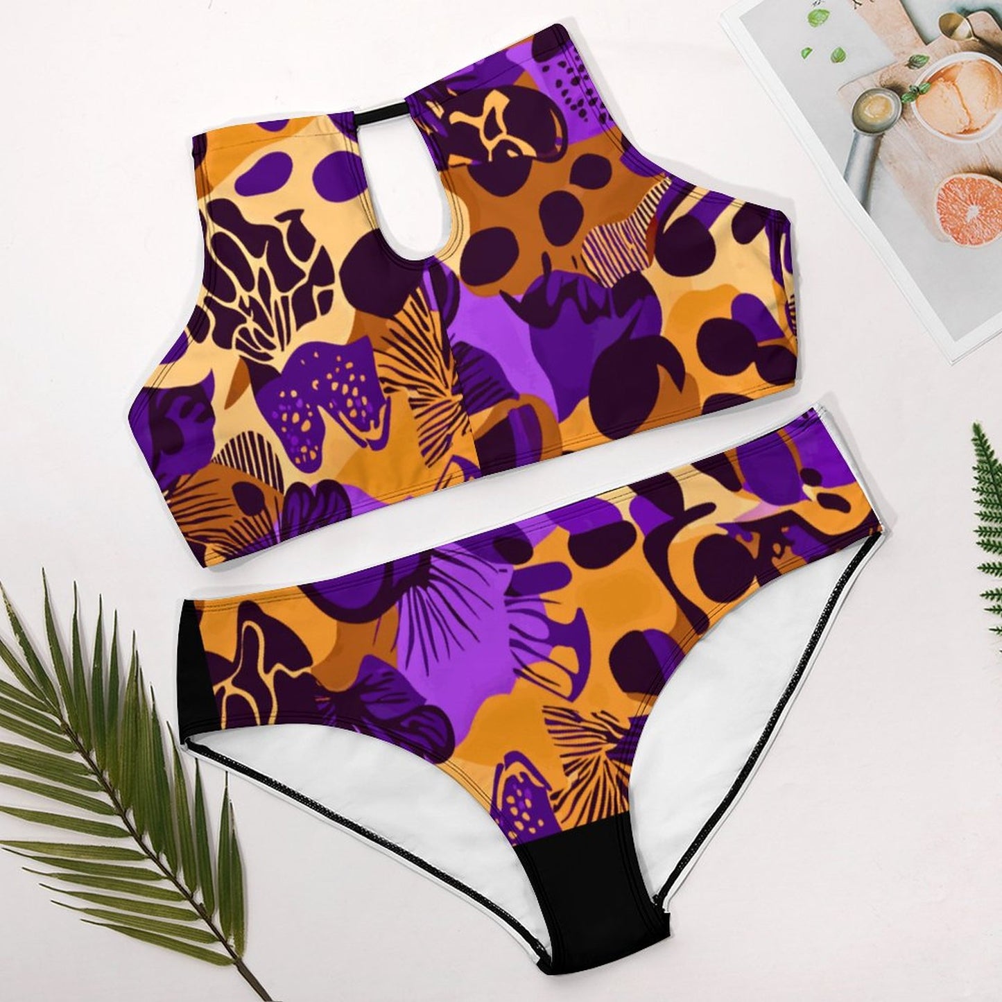 Plus Size Women's Two piece Swimsuit with High Neck Halter Top BK2040 (All-Over Printing)
