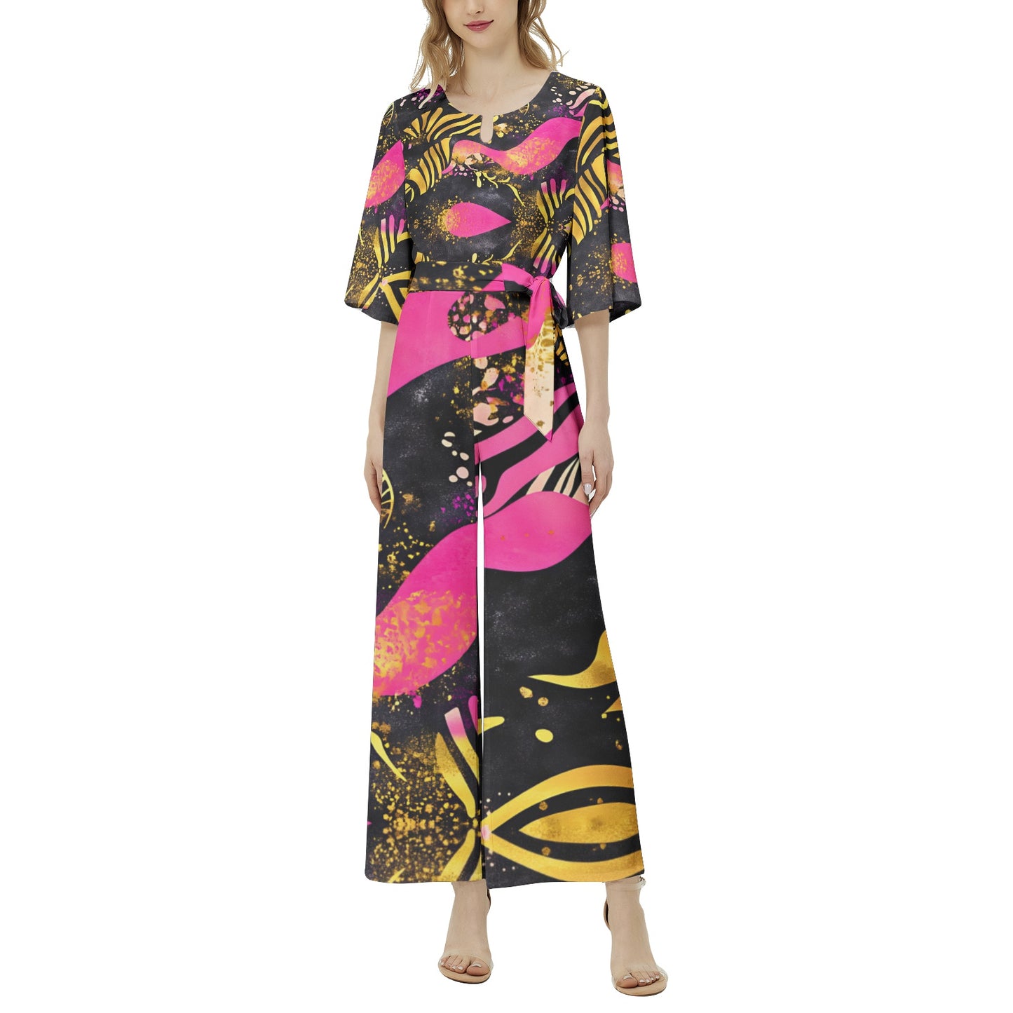 Dolman Sleeve Belted Wide Leg Jumpsuit