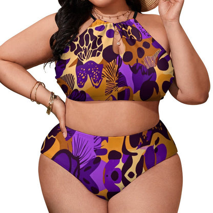 Plus Size Women's Two piece Swimsuit with High Neck Halter Top BK2040 (All-Over Printing)