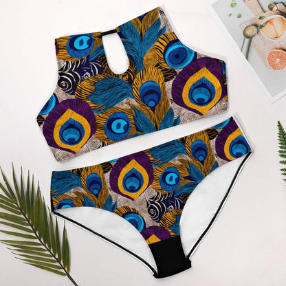 Plus Size Women's Two piece Swimsuit with High Neck Halter Top BK2040 (All-Over Printing)