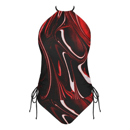 Red, Black and White Swirl Pattern 2-Piece Women's Tankini Set with High Neck Halter Top F145kA01 (All-Over Printing)