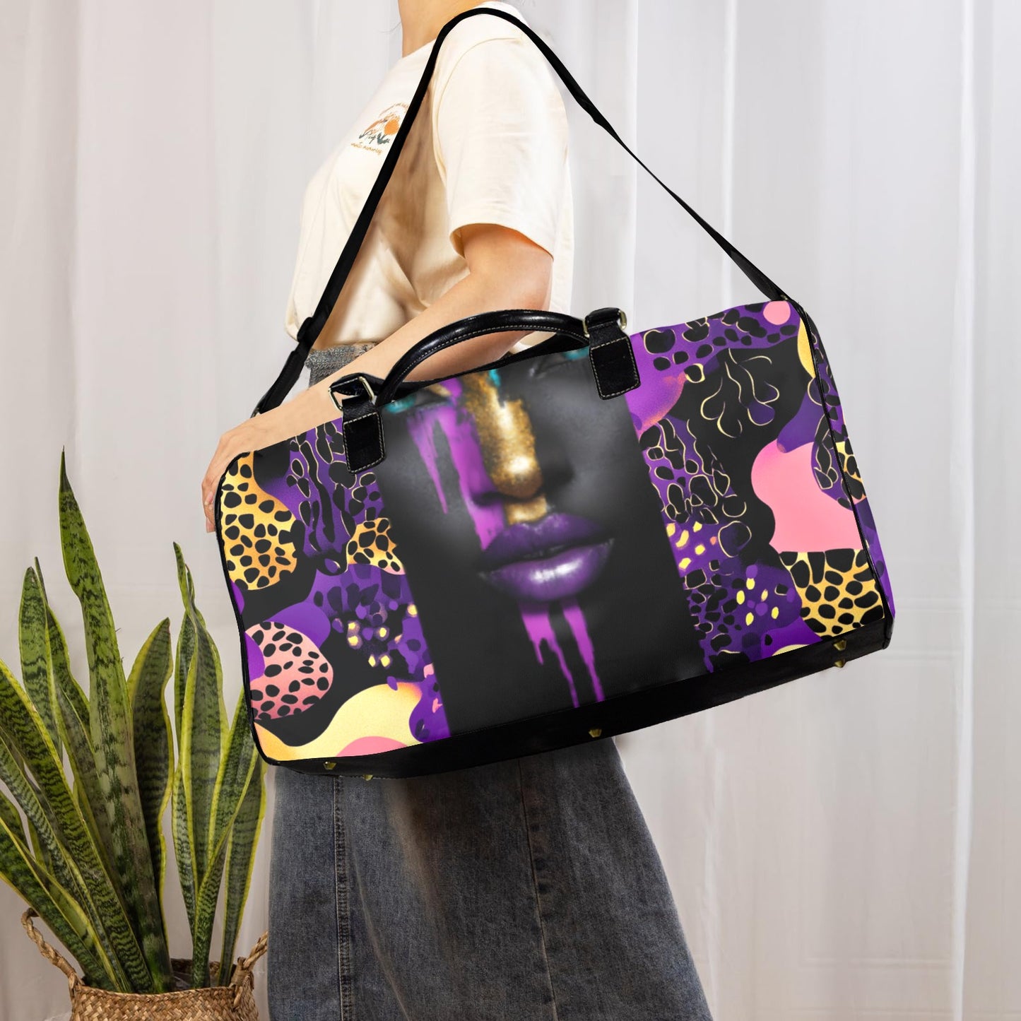 Purple and Gold AfroCentric Travel Bag Large Capacity Travel Bag-Large (Black Short Patch) (1737)